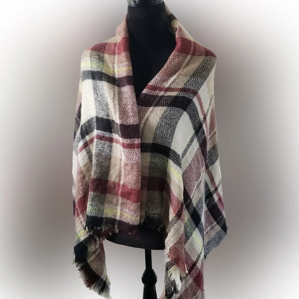Red, black and taupe plaid wrap